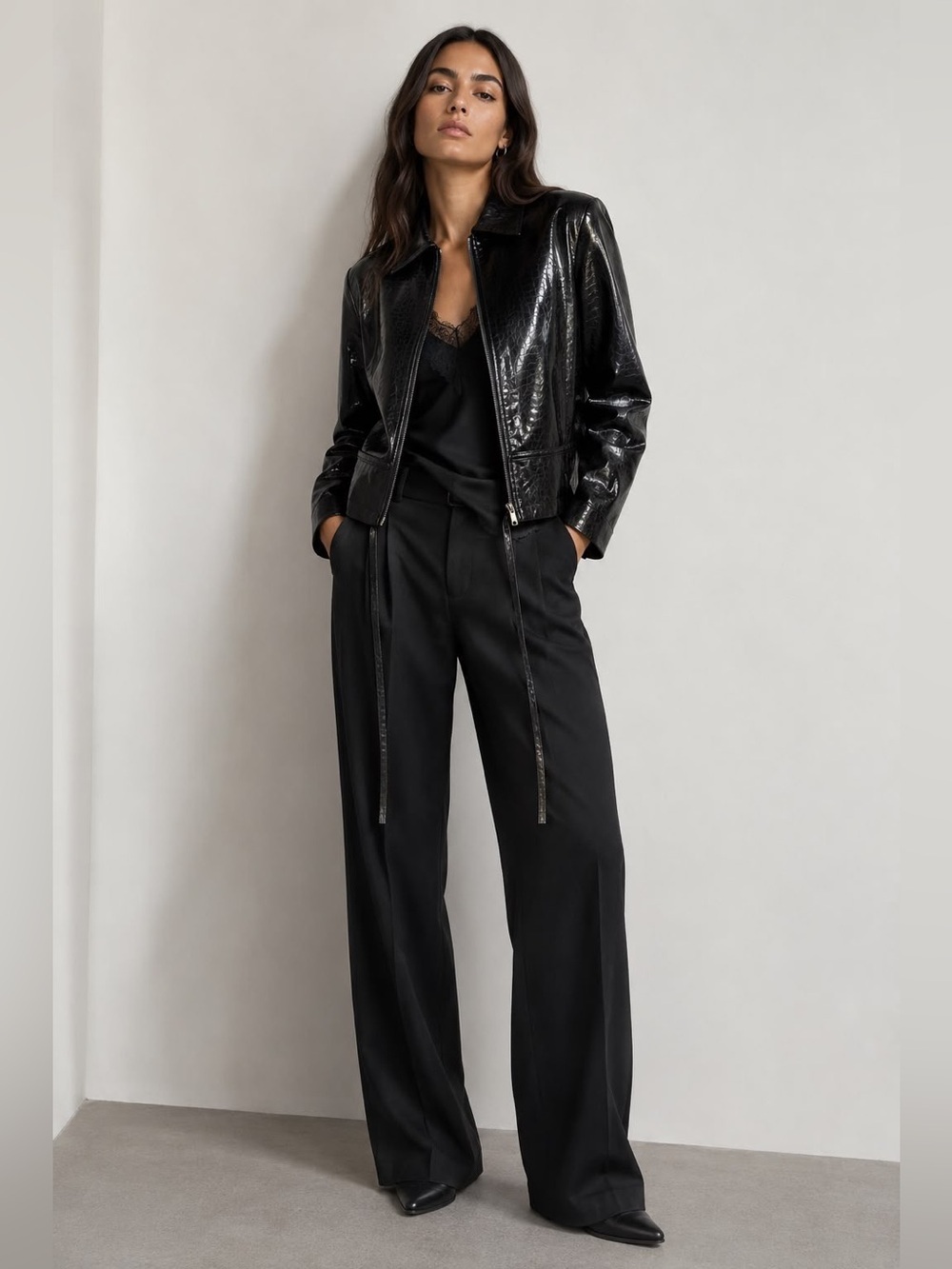 Outer Edge Black Crocodile-Pattern  PU Jacket – Medium